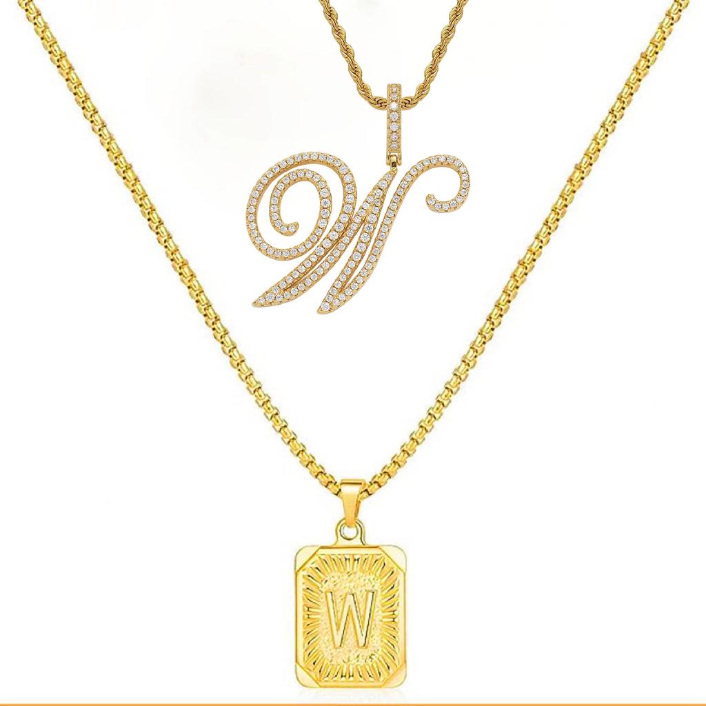 Set of 2 (2 initials necklace include gift), 26 letters necklace, floral alphabet necklace, 20'' Letter Pendant + 24'' Rectangular Tag, buy 1 letter necklace get 1 floral initial necklace free.
