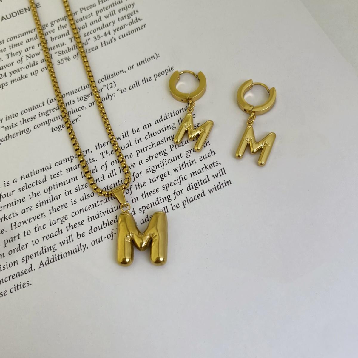 Initial Set/ Bubble Letter Necklace and Earrings, A-Z Balloon Initial Necklaces for Women Girls, stainless steel, Dainty Alphabet Pendant, Bold Puffy Name Necklace and Earrings