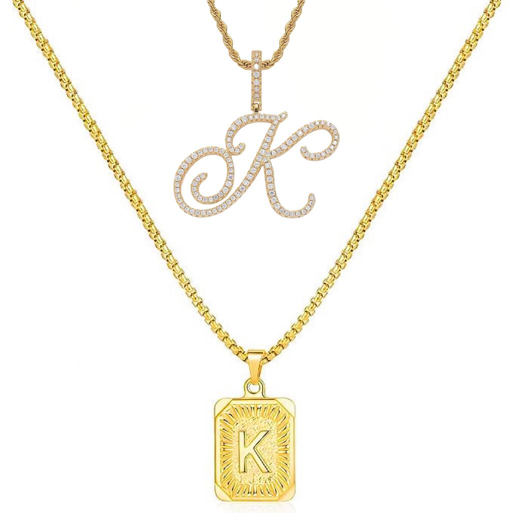 Set of 2 (2 initials necklace include gift), 26 letters necklace, floral alphabet necklace, 20'' Letter Pendant + 24'' Rectangular Tag, buy 1 letter necklace get 1 floral initial necklace free.