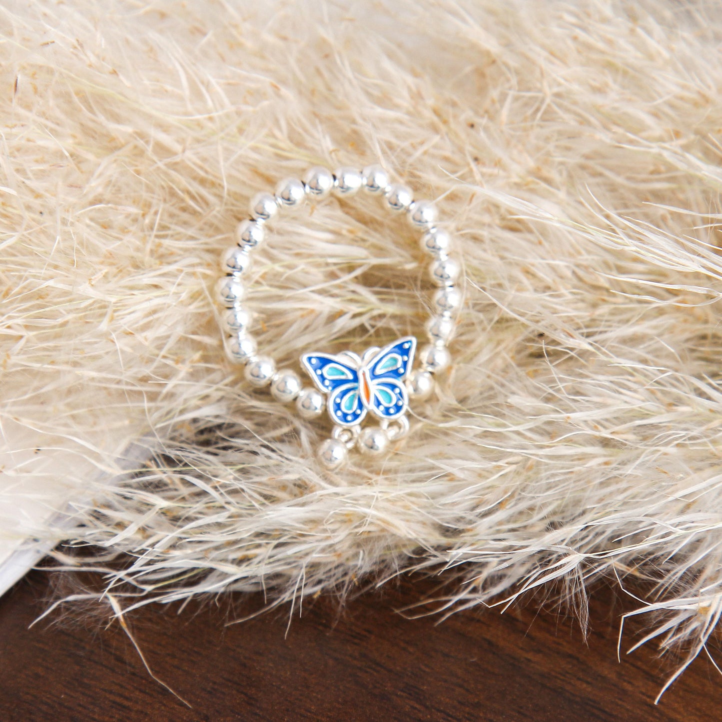 S925 Colorful Butterfly Charm Beaded Ring - Sterling Silver, Exquisite Butterfly Design with Wings Suspend Beads, Vibrant Color Block Style, Perfect Gift for Women and Girls