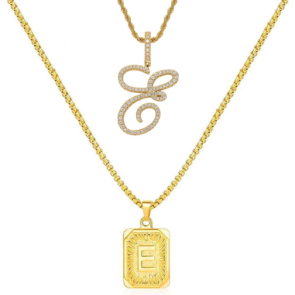 Set of 2 (2 initials necklace include gift), 26 letters necklace, floral alphabet necklace, 20'' Letter Pendant + 24'' Rectangular Tag, buy 1 letter necklace get 1 floral initial necklace free.