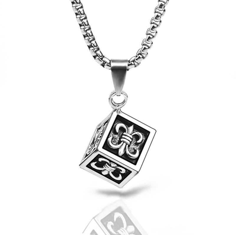 HN064:Hip-Hop Style Necklace,Fleur De Lis Cube Pendent Necklace For Women And Men