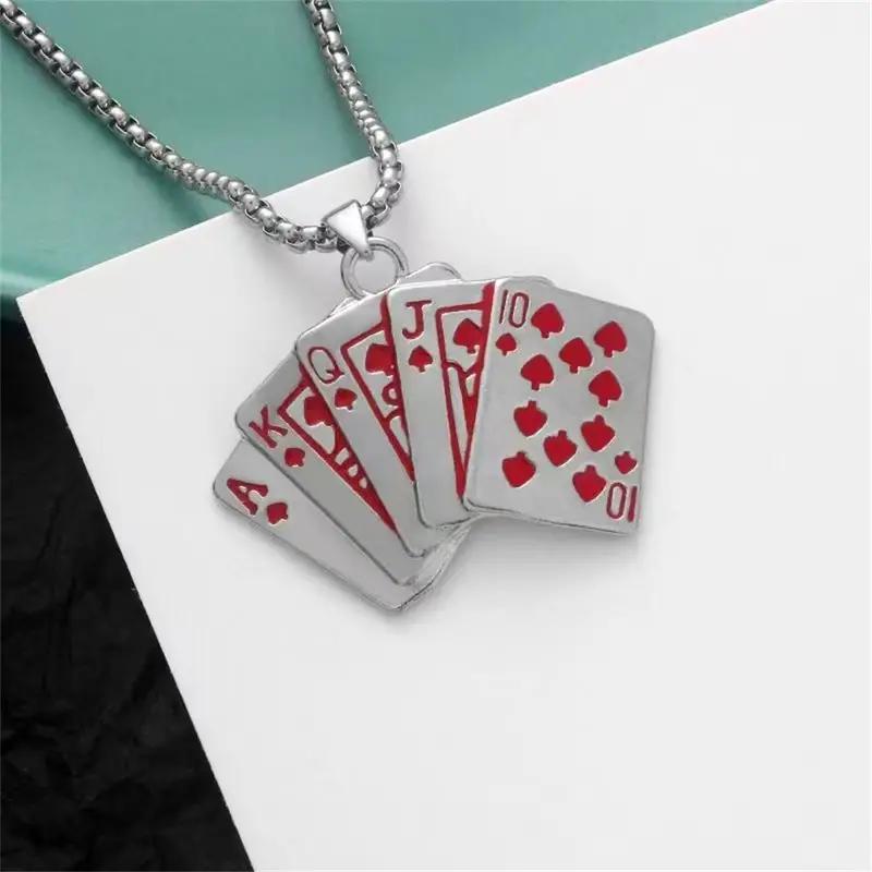 HN057:Hip-Hop Style Necklace,Red Royal Flush Poker Card Pendant Necklace for Women And Men