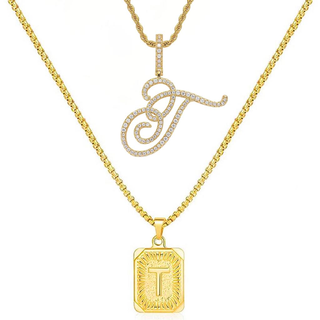 Set of 2 (2 initials necklace include gift), 26 letters necklace, floral alphabet necklace, 20'' Letter Pendant + 24'' Rectangular Tag, buy 1 letter necklace get 1 floral initial necklace free.