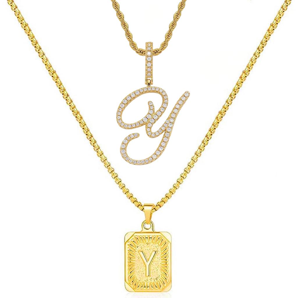 Set of 2 (2 initials necklace include gift), 26 letters necklace, floral alphabet necklace, 20'' Letter Pendant + 24'' Rectangular Tag, buy 1 letter necklace get 1 floral initial necklace free.