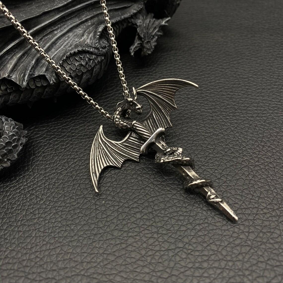 HN022:Hip-Hop Style Necklace,Winged Dragon Sword Necklace for Women and Men