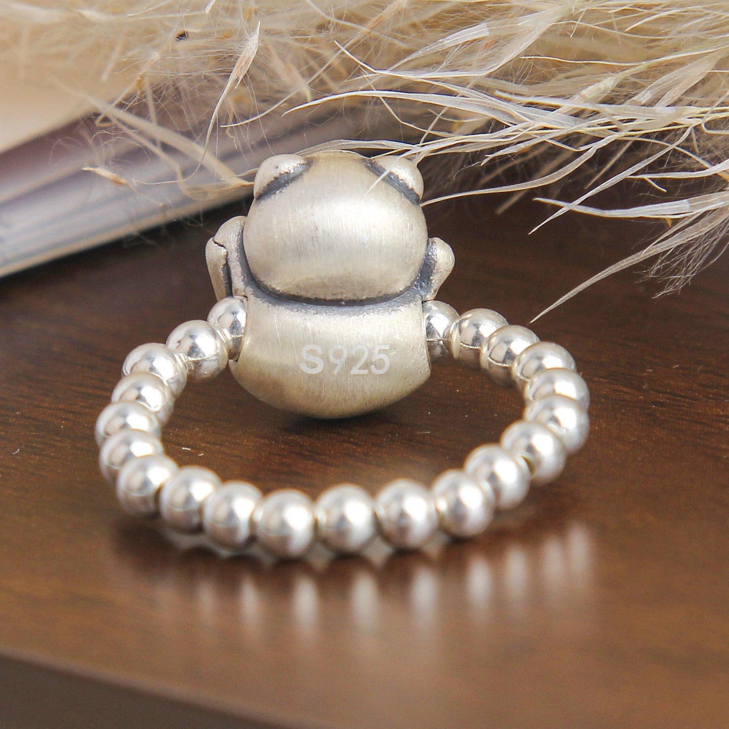 S925 Cute Smiling Tiger Beaded Ring - Sterling Silver, Playful Tiger Design with Beaded Band, Adorable Fashion Accessory for Any Occasion, Perfect Gift for Women, Girls, and Kids