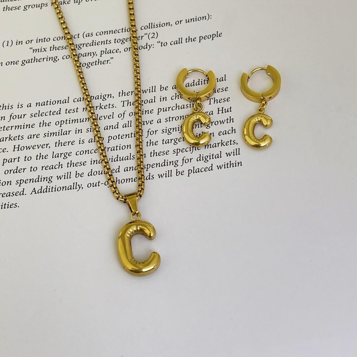 Initial Set/ Bubble Letter Necklace and Earrings, A-Z Balloon Initial Necklaces for Women Girls, stainless steel, Dainty Alphabet Pendant, Bold Puffy Name Necklace and Earrings