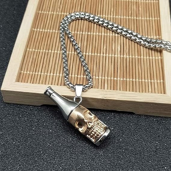 HN029:Hip-Hop Style Necklace,Beer Bottle Opener Necklace, Beer Bottle Keepsake,Stainless Steel Punk Gothic Skull Pendant Necklace for Women and Men