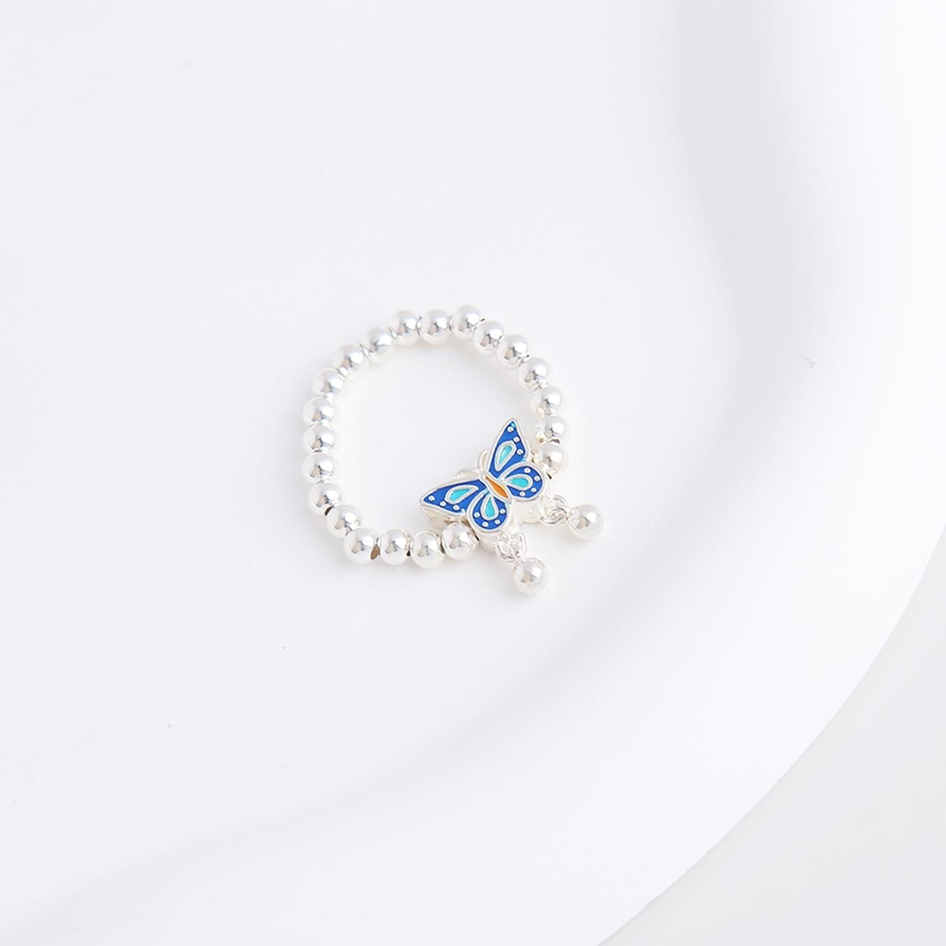 S925 Colorful Butterfly Charm Beaded Ring - Sterling Silver, Exquisite Butterfly Design with Wings Suspend Beads, Vibrant Color Block Style, Perfect Gift for Women and Girls