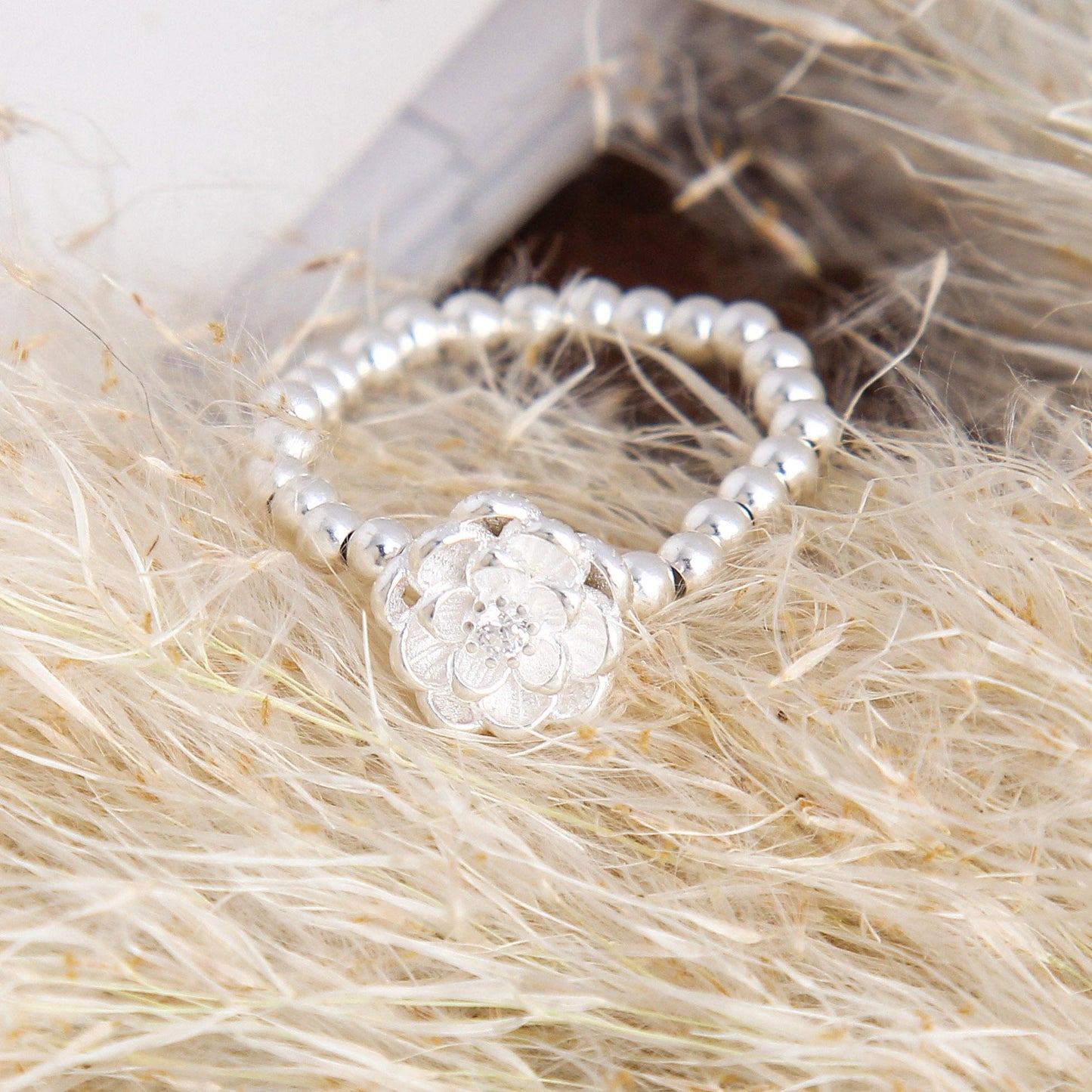 S925 Elegant White Lotus Charm Beaded Ring - Sterling Silver, Delicate Lotus Design, Pure and Graceful Fashion Accessory, Adjustable Ring for Women, Perfect Gift for Birthdays and Anniversaries
