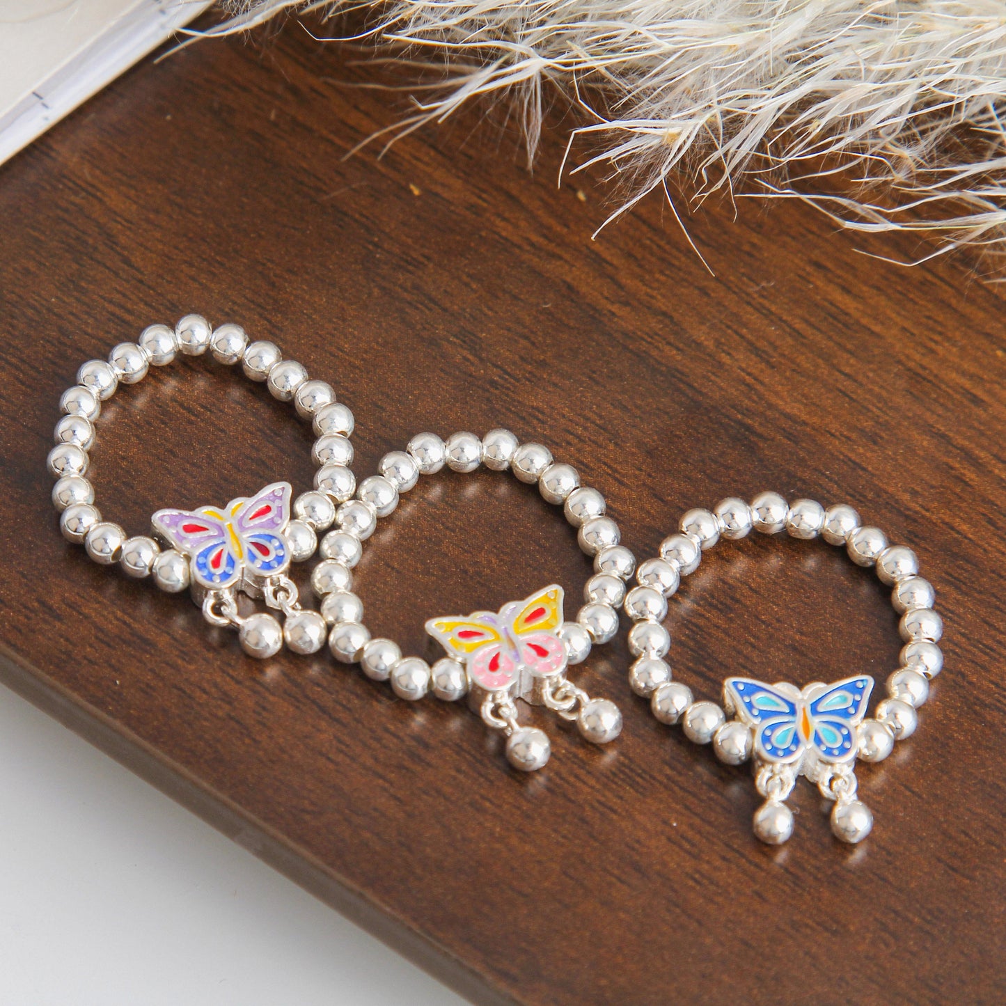 S925 Colorful Butterfly Charm Beaded Ring - Sterling Silver, Exquisite Butterfly Design with Wings Suspend Beads, Vibrant Color Block Style, Perfect Gift for Women and Girls