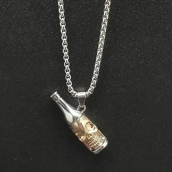 HN029:Hip-Hop Style Necklace,Beer Bottle Opener Necklace, Beer Bottle Keepsake,Stainless Steel Punk Gothic Skull Pendant Necklace for Women and Men