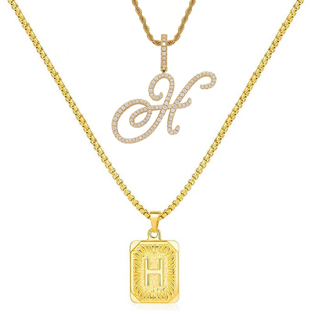 Set of 2 (2 initials necklace include gift), 26 letters necklace, floral alphabet necklace, 20'' Letter Pendant + 24'' Rectangular Tag, buy 1 letter necklace get 1 floral initial necklace free.