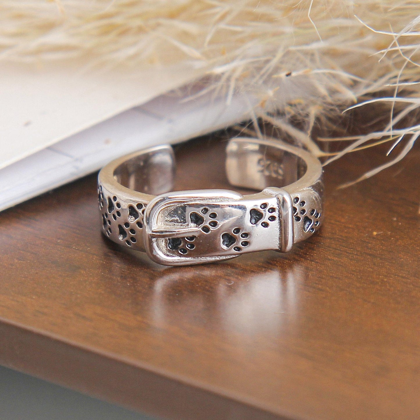 S925 Sterling Silver Adjustable Dog Collar Ring - Cute Buckle Design with Engraved Paw Prints, Open Band Pet-Themed Jewelry, Perfect Gift for Animal Lovers, Women, and Girls