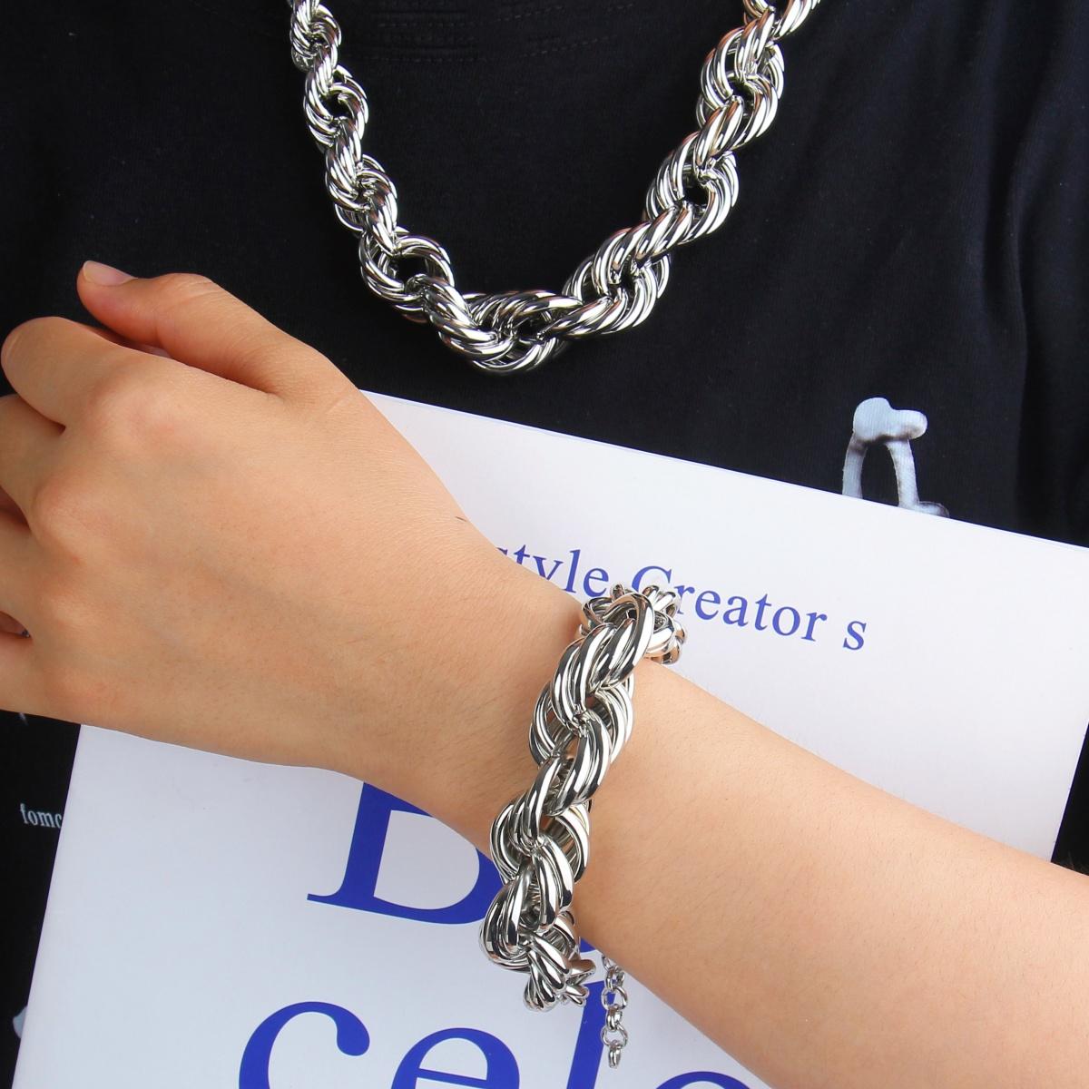 Set/ Bold Metal Twist Rope Chain Set – Statement Necklace & Bracelet, Chunky and Exaggerated Style, buy necklace get bracelet free