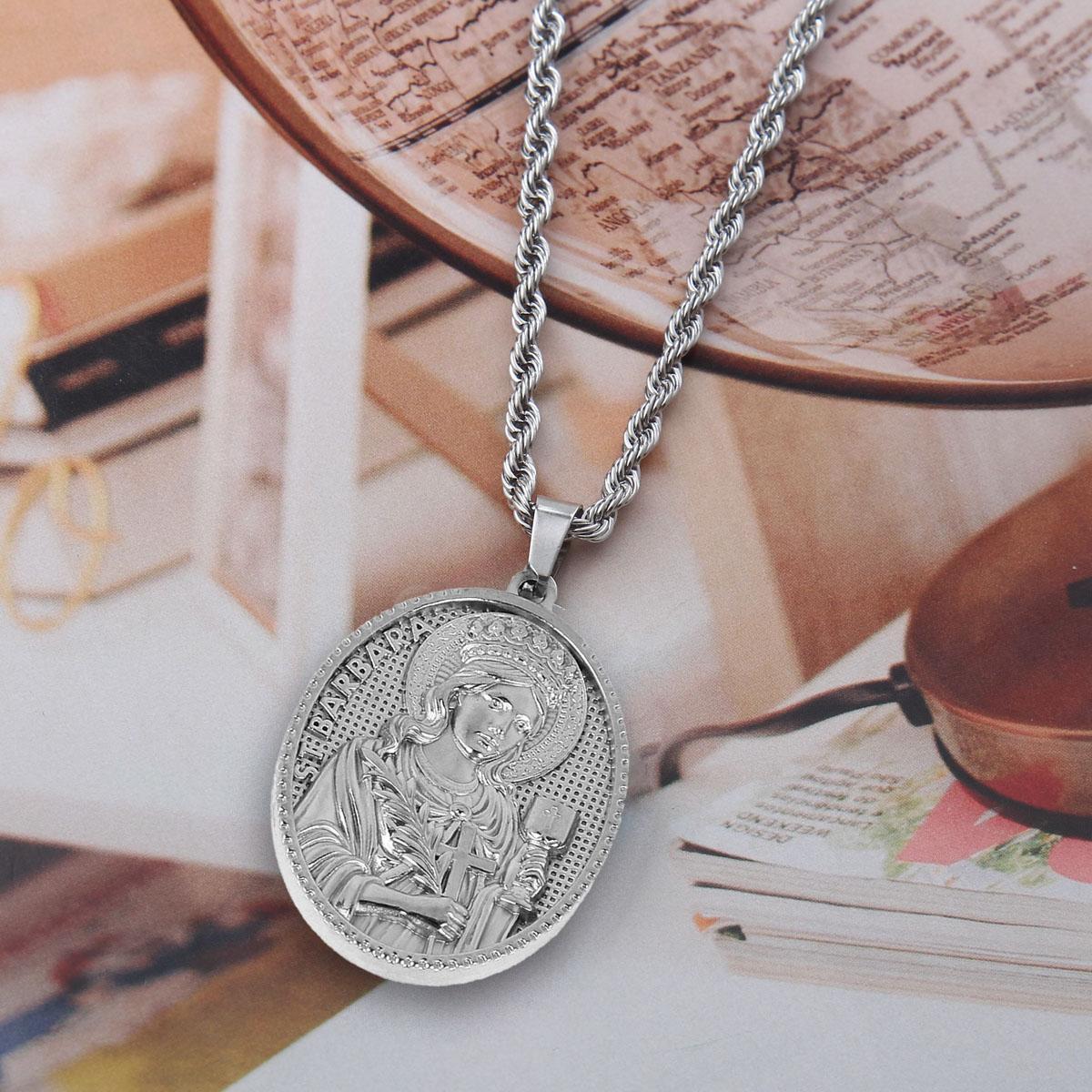 Saint Barbara Medallion Necklace – Elegant Stainless Steel Pendant with Detailed Religious pictures, 24" Chain, Perfect Gift for Faith and Protection