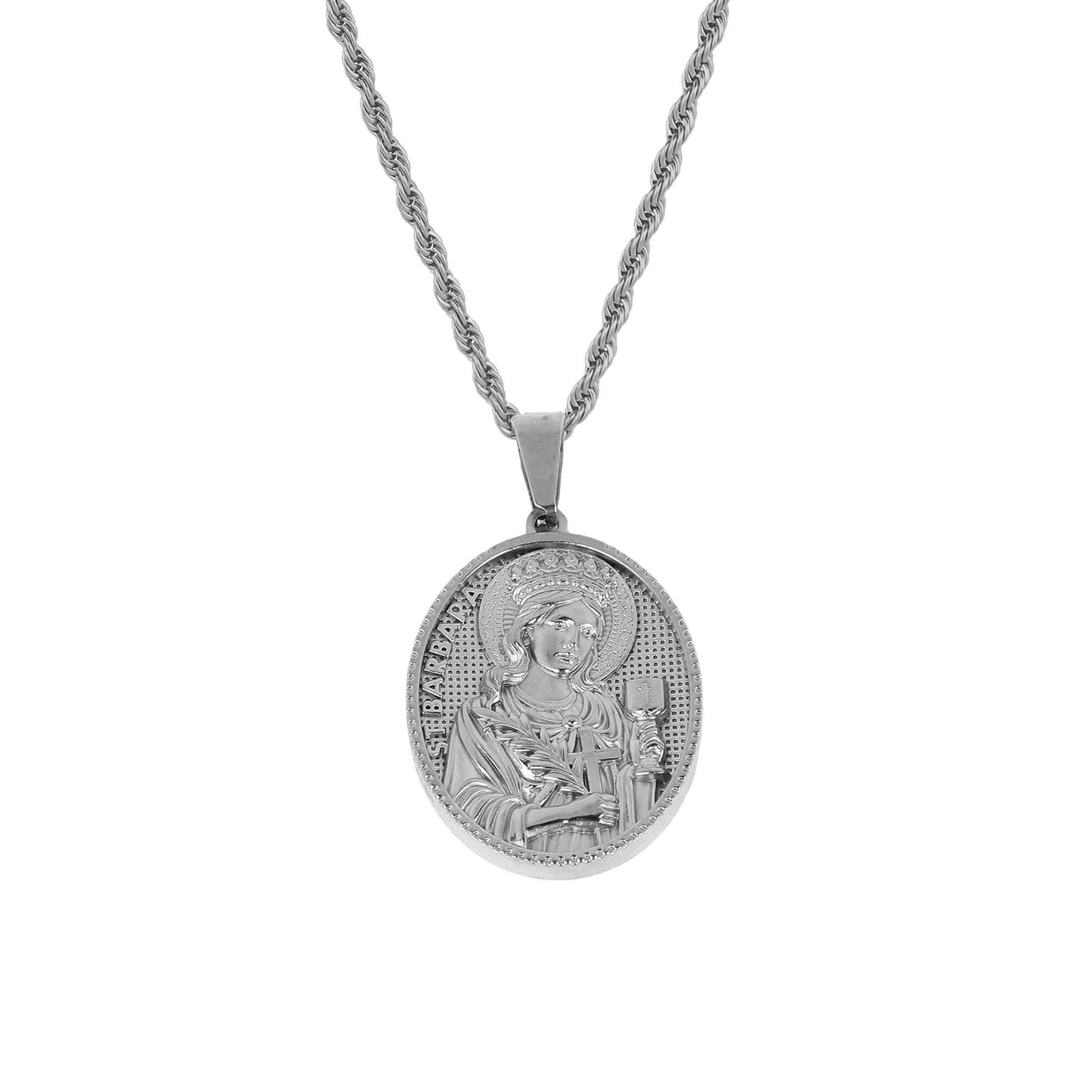 Saint Barbara Medallion Necklace – Elegant Stainless Steel Pendant with Detailed Religious pictures, 24" Chain, Perfect Gift for Faith and Protection