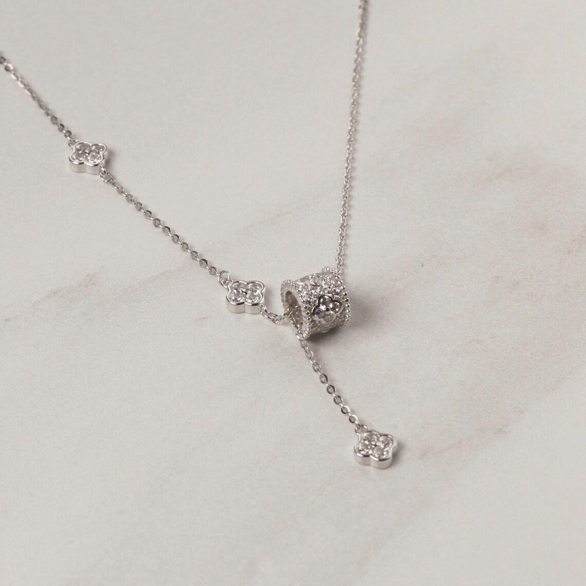 S925 Cylinder Tube Design Pendant, Necklace for women-Sterling Silver, Four Leaf Flower Pendant, Shimmering Pave Pendant Necklace,Dainty Gifts for Mom Daughter Girlfriend.