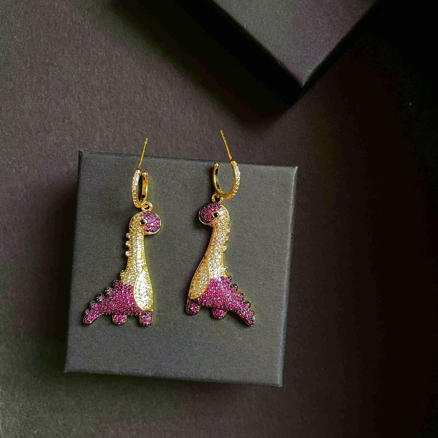 Lovely Dinosaur Dangle Hoop Earring with Zircon, Cute Animal Dangling Charm Drop Huggie Hoops Studs Earring Dainty Jewelry Gifts for Women Girls