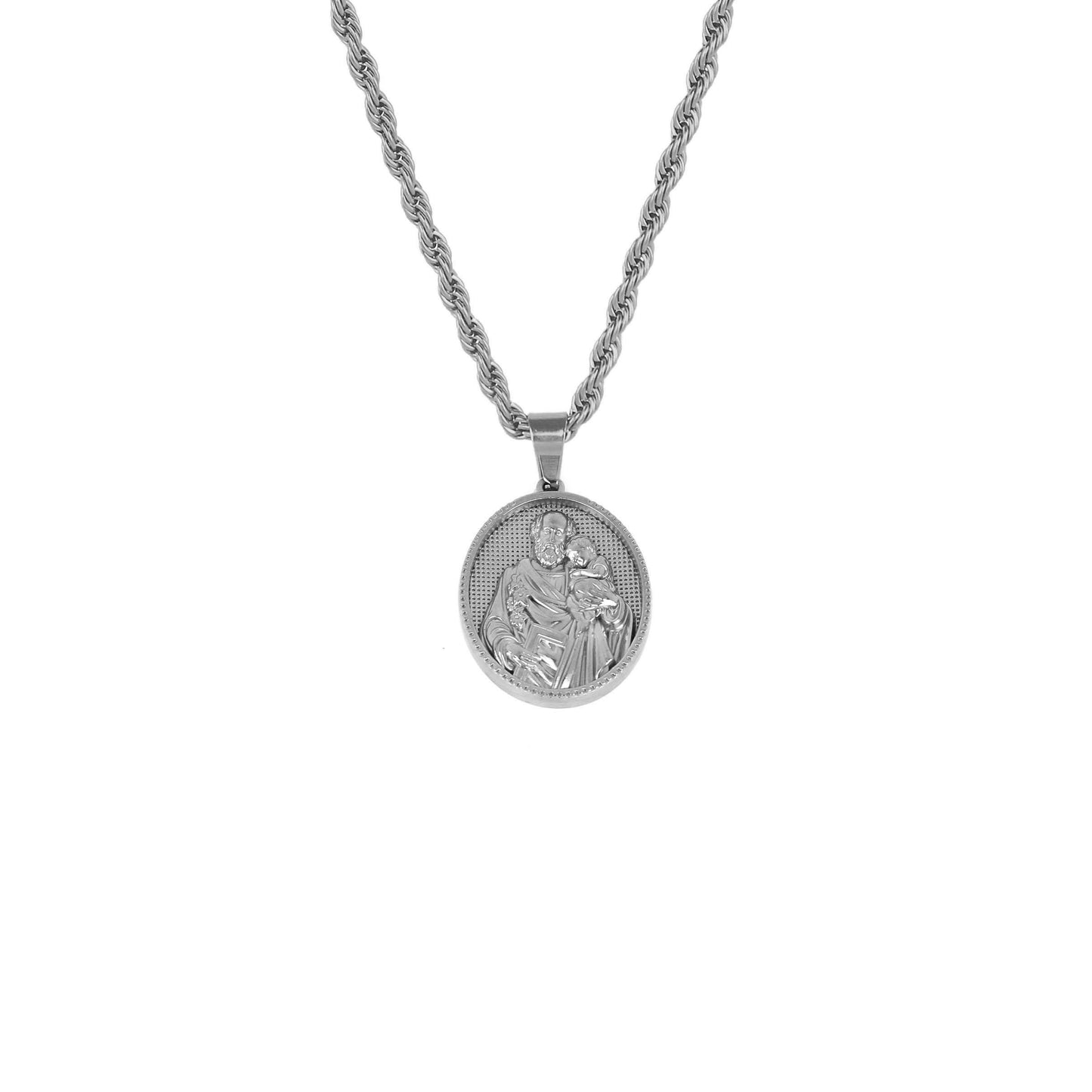 Saint Joseph and Jesus Guardian Father Pendant Necklace - Stainless Steel Religious Jewelry for Men, Christian Faith Symbol, Perfect Gift for Father's Day, Baptism, or Confirmation