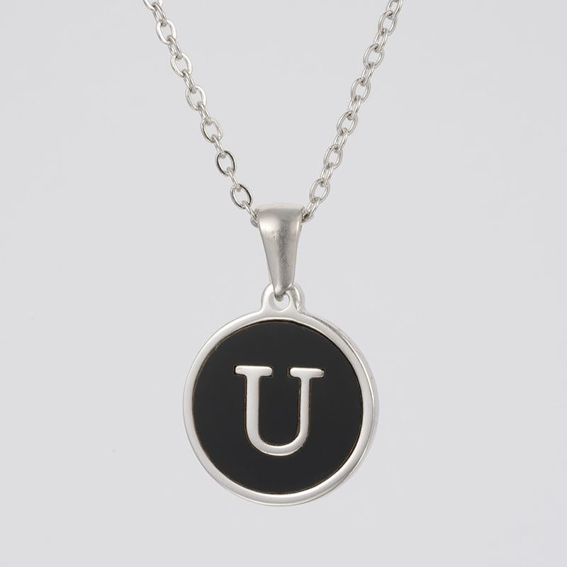 LN010:Stainless Steel Initial Necklace,Letter Detail Round Pendant Necklace For Women and Men