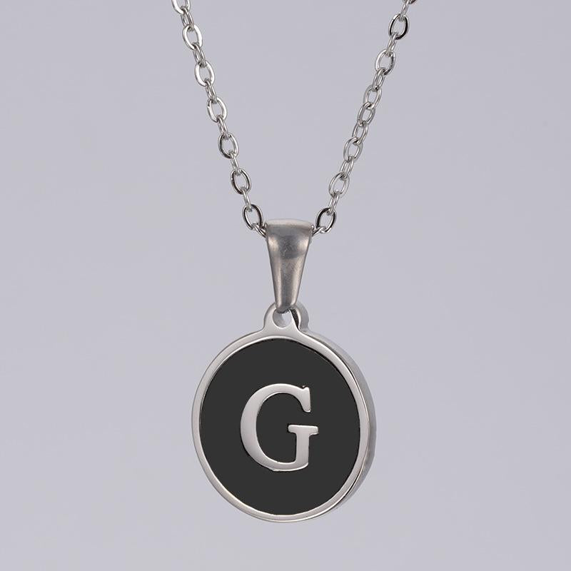 LN010:Stainless Steel Initial Necklace,Letter Detail Round Pendant Necklace For Women and Men