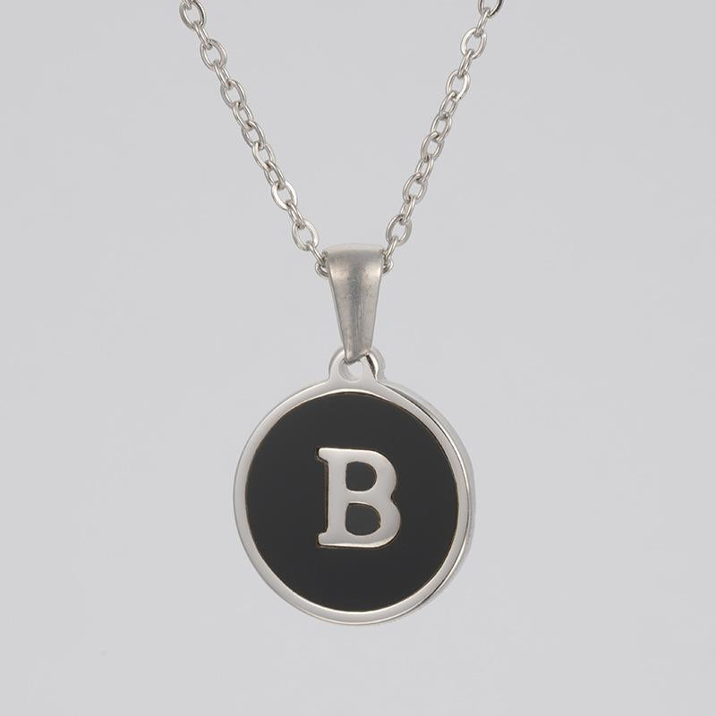 LN010:Stainless Steel Initial Necklace,Letter Detail Round Pendant Necklace For Women and Men