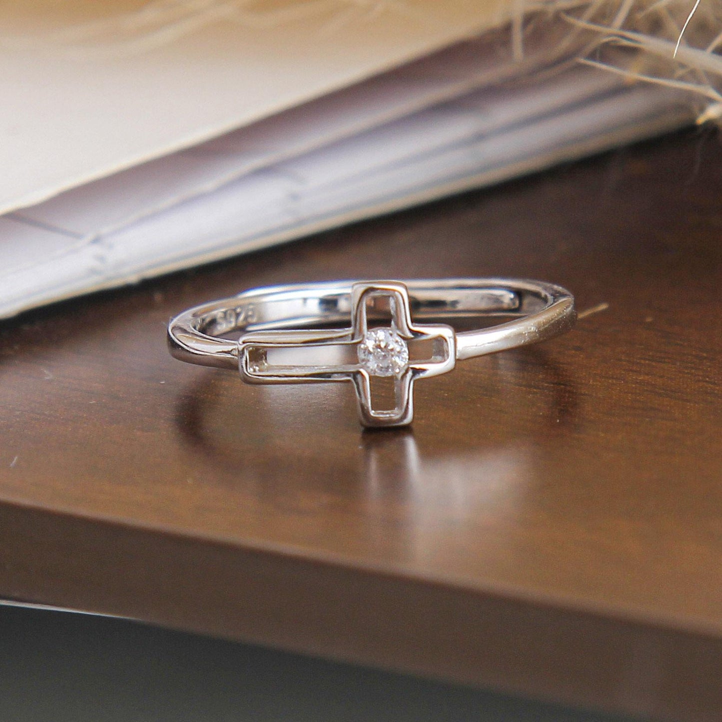 S925 Hollow Cross Charm Ring - Sterling Silver, Classic Cross Design with Center Zirconia Stone, Unique Religious Jewelry, Perfect Gift for Men and Women