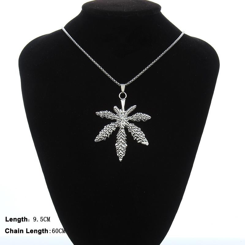 HN011:Hip-Hop Style Necklace, Pure Stainless Steel Hemp Leaf Pendant with 24 inch Chaine Necklace for Women and Men