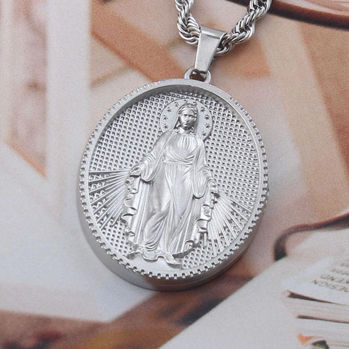 Elegant Stainless Steel Necklace Virgin Mary Catholic Medal Pendant,Marian Apparition – Suitable for Women,Faith-Based Jewelry,24 inches chain,Christian Necklace