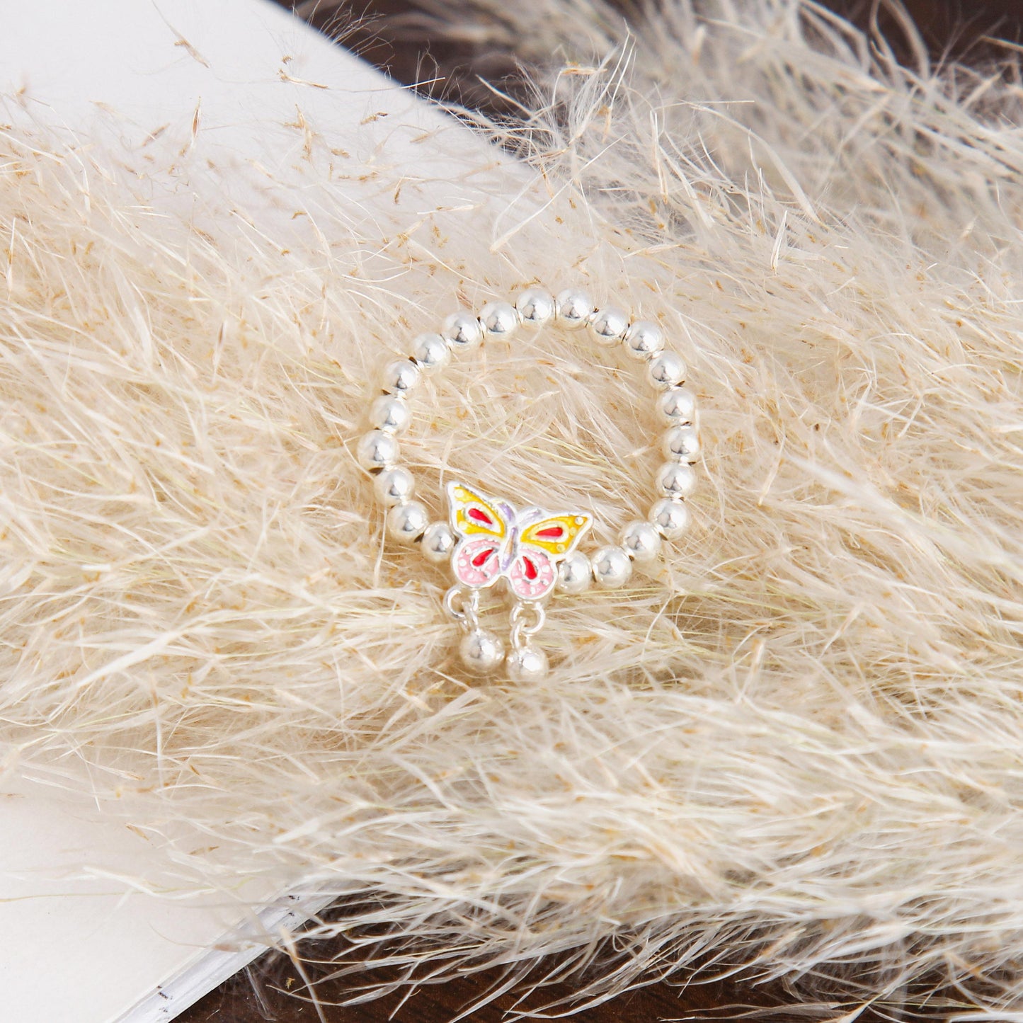 S925 Colorful Butterfly Charm Beaded Ring - Sterling Silver, Exquisite Butterfly Design with Wings Suspend Beads, Vibrant Color Block Style, Perfect Gift for Women and Girls