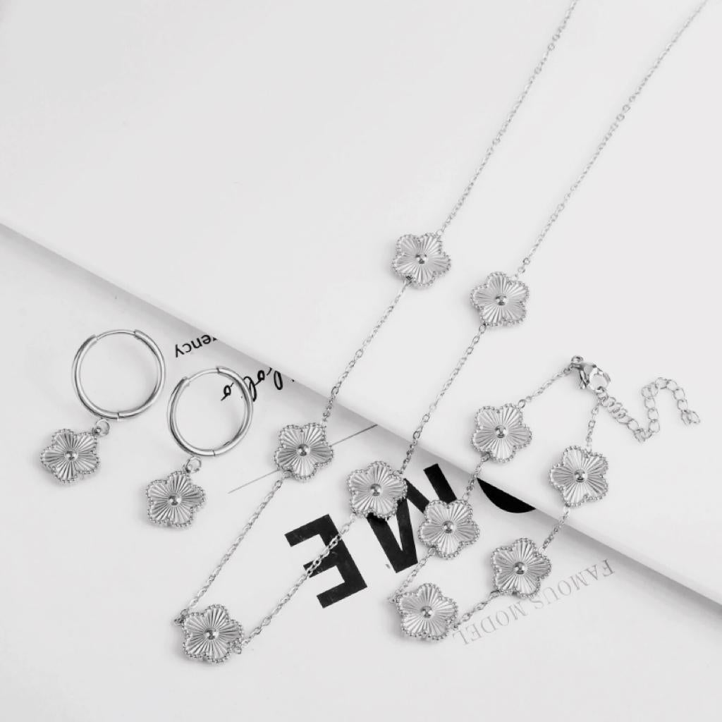 Floral Stainless Steel Jewelry Set – , Includes Stud Earrings, Bracelet, and Necklace – Non-Tarnish, Perfect Gift for Women