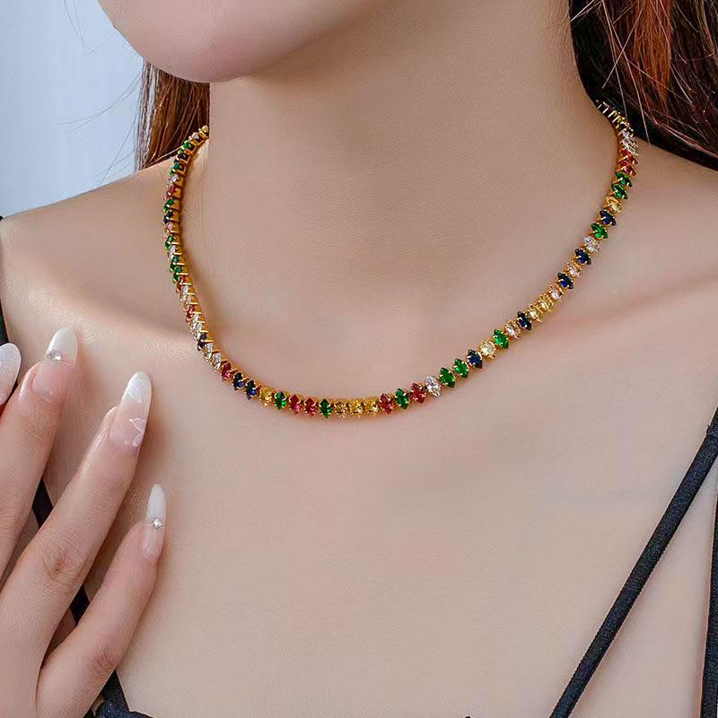 Vibrant Rainbow Tennis Necklace with Multi-Color Zircon, Stainless Steel, Stylish Tennis cable necklace for Women, Zirconia Jewelry
