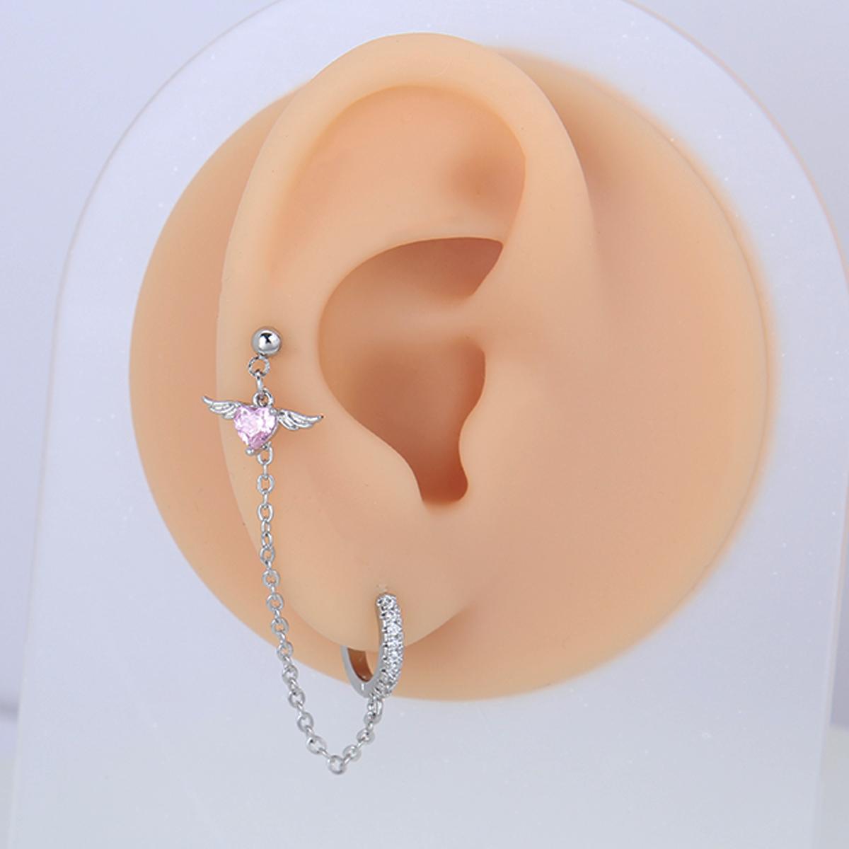8 Counts Set/ Multi-Piercing studs Set, Sweet Edgy Design Cartilage Helix with Pink Zircon and Chain Link - Stainless Steel, Barbell, labrets,flatback,Dainty Zirconia Ear Studs and Daith Hoops for Women and Girls