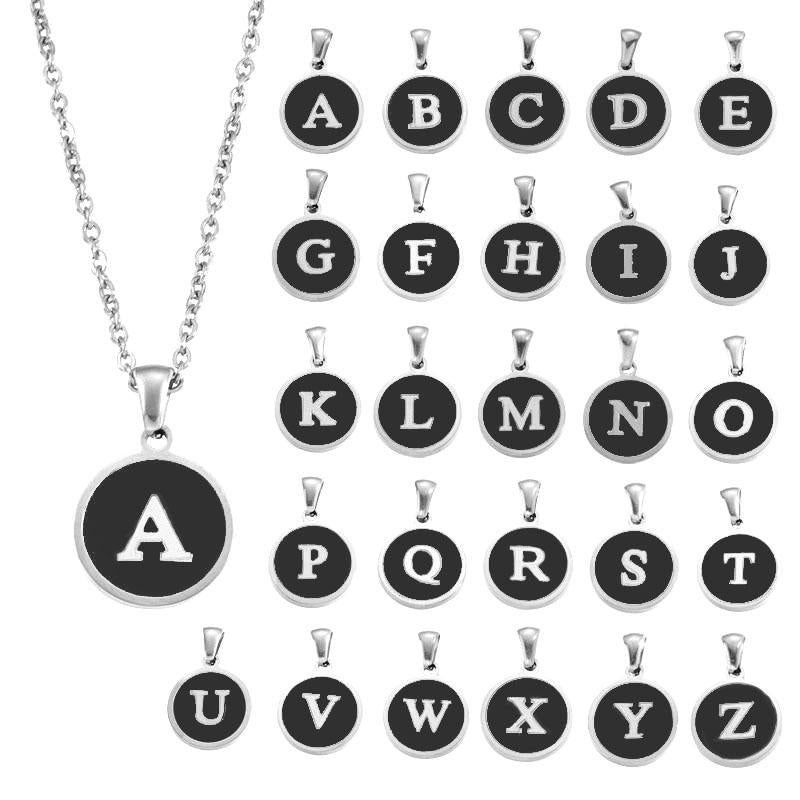 LN010:Stainless Steel Initial Necklace,Letter Detail Round Pendant Necklace For Women and Men
