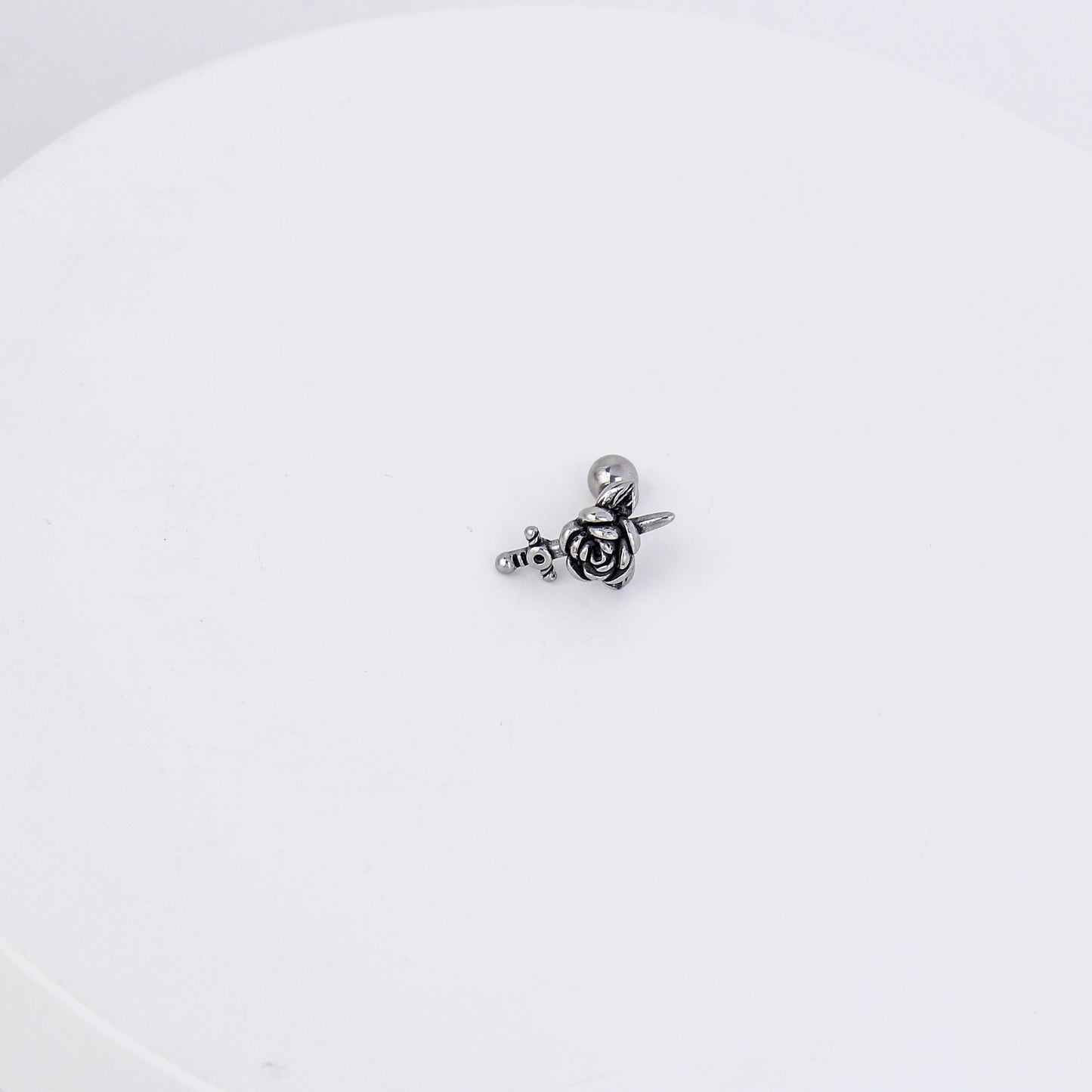 1 count/ Punk Gothic Rose with Sword Stud Earring, Vintage Stud Earring with Round Back, Barbell studs –Titanium Stud, Earlobe earring, Helix Cartilage Earring for Men and Women