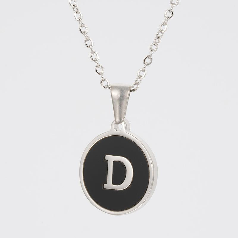 LN010:Stainless Steel Initial Necklace,Letter Detail Round Pendant Necklace For Women and Men