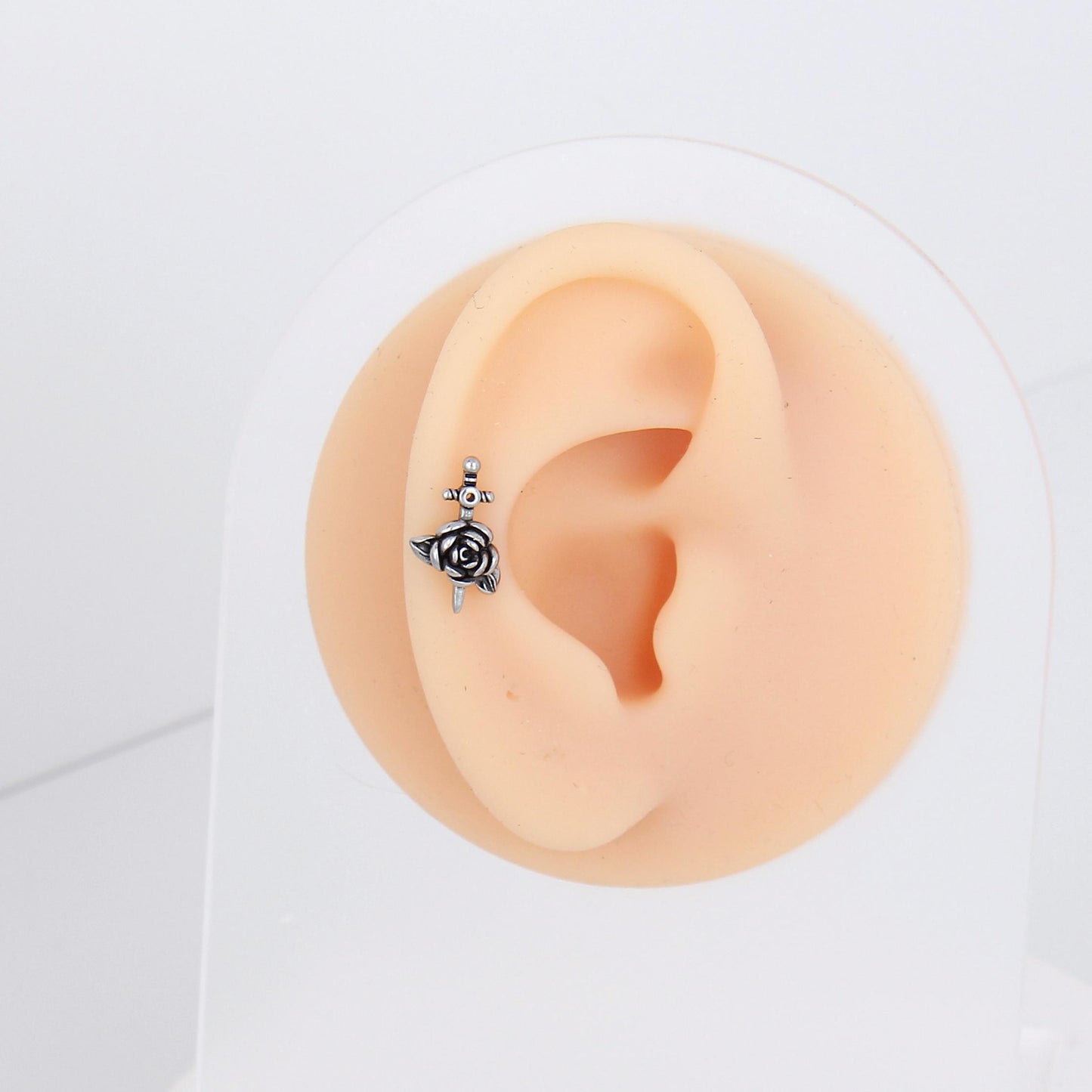 1 count/ Punk Gothic Rose with Sword Stud Earring, Vintage Stud Earring with Round Back, Barbell studs –Titanium Stud, Earlobe earring, Helix Cartilage Earring for Men and Women