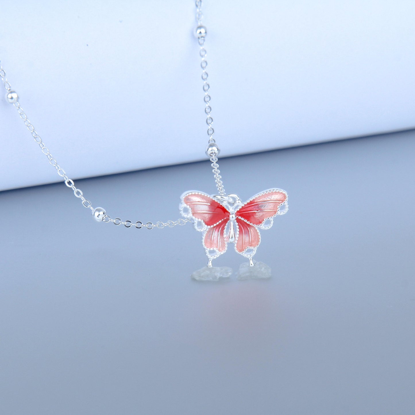 S925 Sterling Silver set for women-Coral Butterfly Pendant,Simple and Timeless, Dainty Gifts for Mom ,Daughter, Girlfriend.