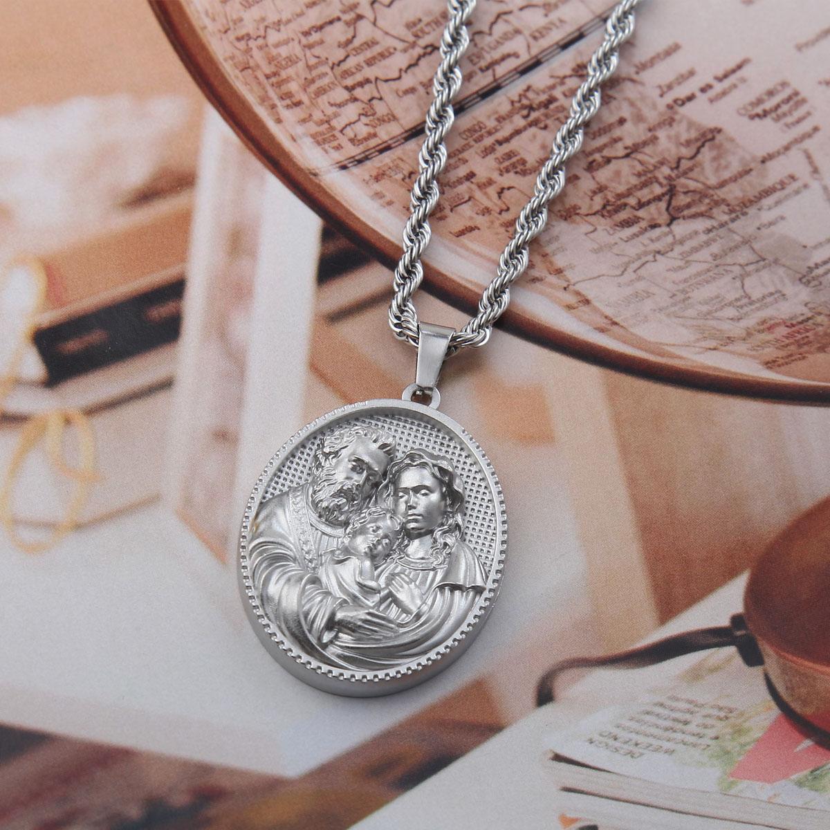 Exquisite Holy Family Pendant Necklace for Men or Wonmen, Stainless Steel Christian Necklace, Religious Silver Catholic Necklace, Perfect Mother’s Day Charm Gift