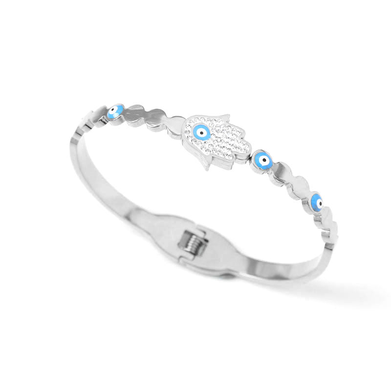 B26: Titanium Stainless Steel Fatima Hamsa Hand Evil Eye Bangle Bracelet,colour Not Fade, Waterproof,Bottom Opening