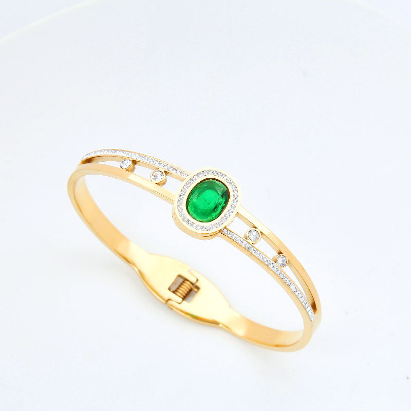 B38:Titanium Stainless Steel Bangle Bracelet Oval Stone Green,Clear colour for Women, colour not Fade, Waterproof ,Side Opening