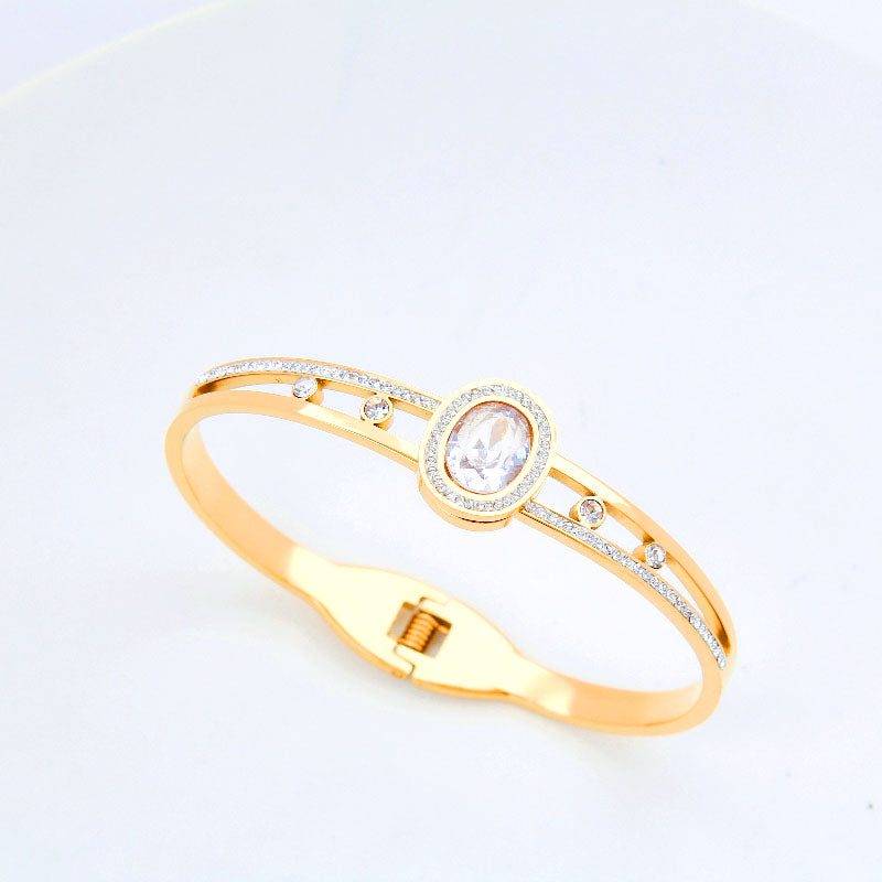 B38:Titanium Stainless Steel Bangle Bracelet Oval Stone Green,Clear colour for Women, colour not Fade, Waterproof ,Side Opening