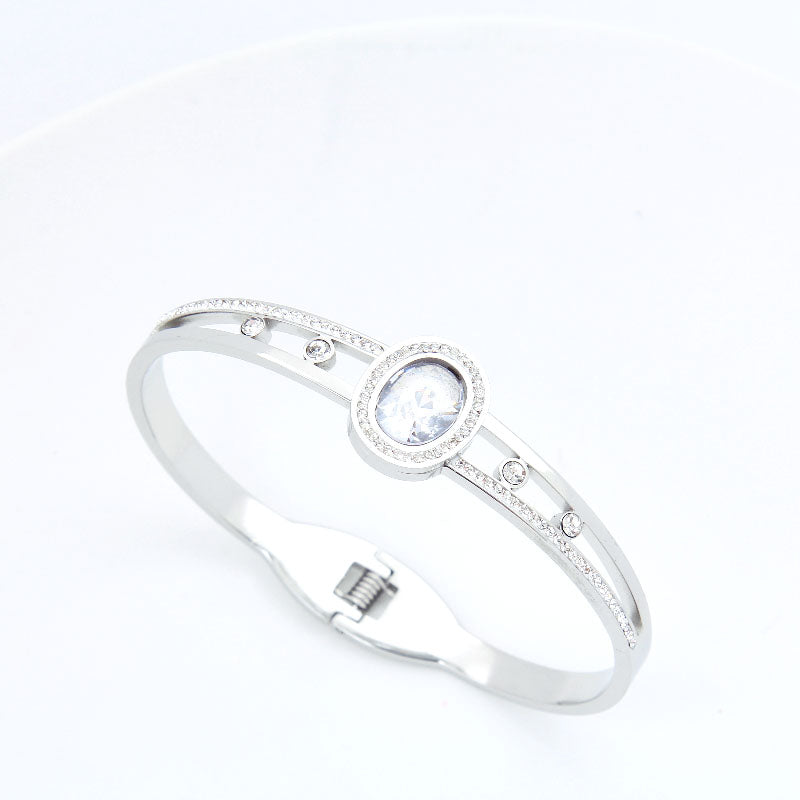 B38:Titanium Stainless Steel Bangle Bracelet Oval Stone Green,Clear colour for Women, colour not Fade, Waterproof ,Side Opening