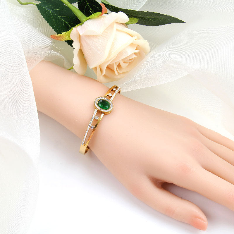 B38:Titanium Stainless Steel Bangle Bracelet Oval Stone Green,Clear colour for Women, colour not Fade, Waterproof ,Side Opening
