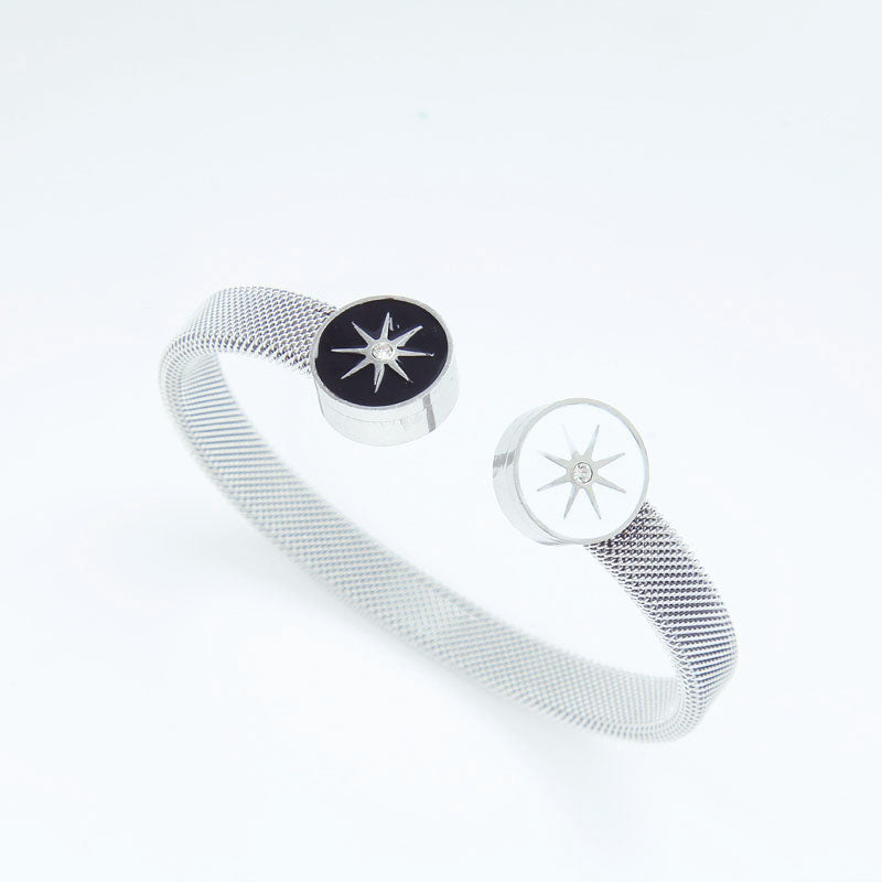 B41:Titanium Stainless Steel Bangle Bracelet Black and White Flower Open Top, colour not Fade,Waterproof
