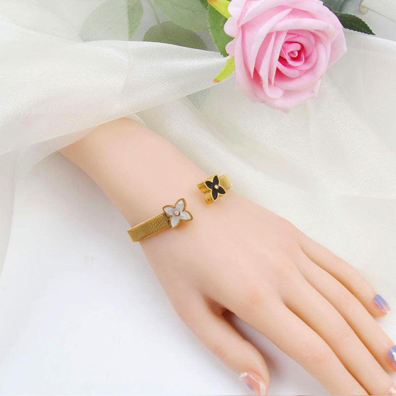 B41:Titanium Stainless Steel Bangle Bracelet Black and White Flower Open Top, colour not Fade,Waterproof