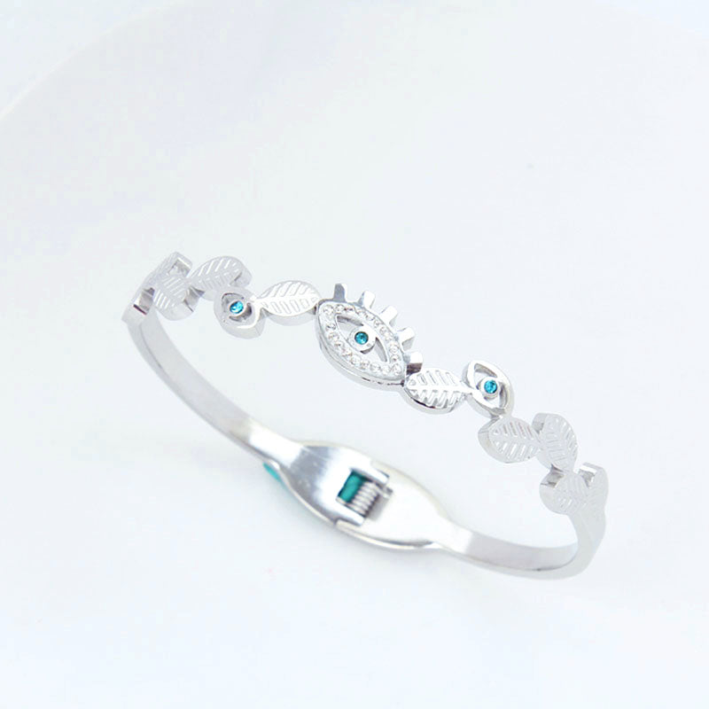 B45:Titanium Stainless Steel Bangle Bracelet Leaf and Eye colour Not Fade, Waterproof ,Top Opening