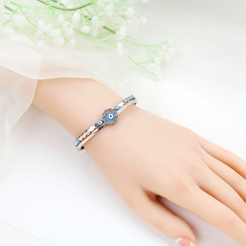 B53:Titanium Stainless Steel Flower Evil Eye Bangle Bracelet ,colour Not Fade, Waterproof ,Side Opening